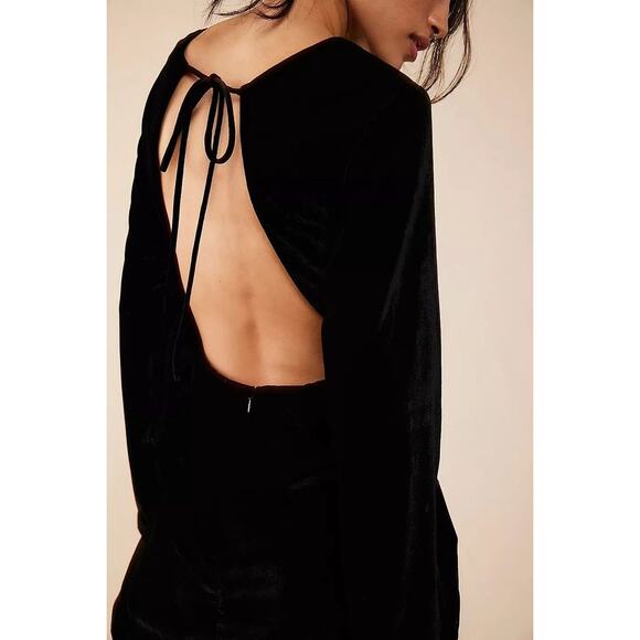 New Free People Chelsey Mini Dress VELVET $128 SMALL Black Open Back Long-Sleeve - Picture 3 of 7
